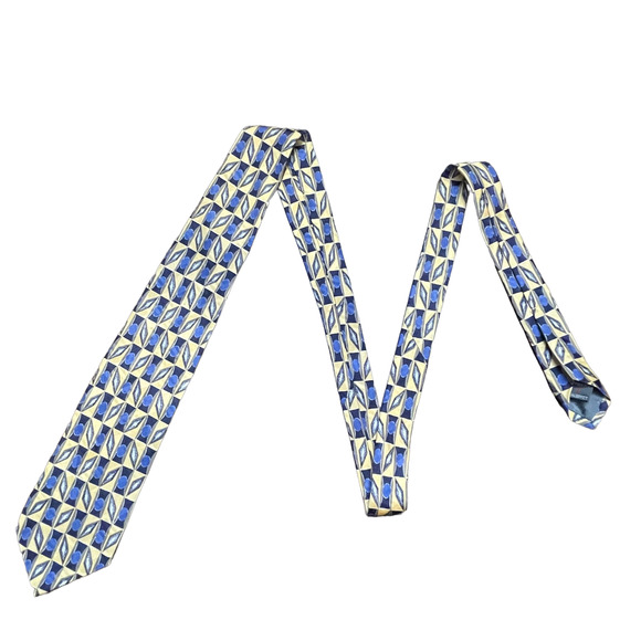 Robert Talbott Studio Mens Tie Yellow Blue Geometric Pattern 100% Silk 57"X3.75" - Picture 2 of 5